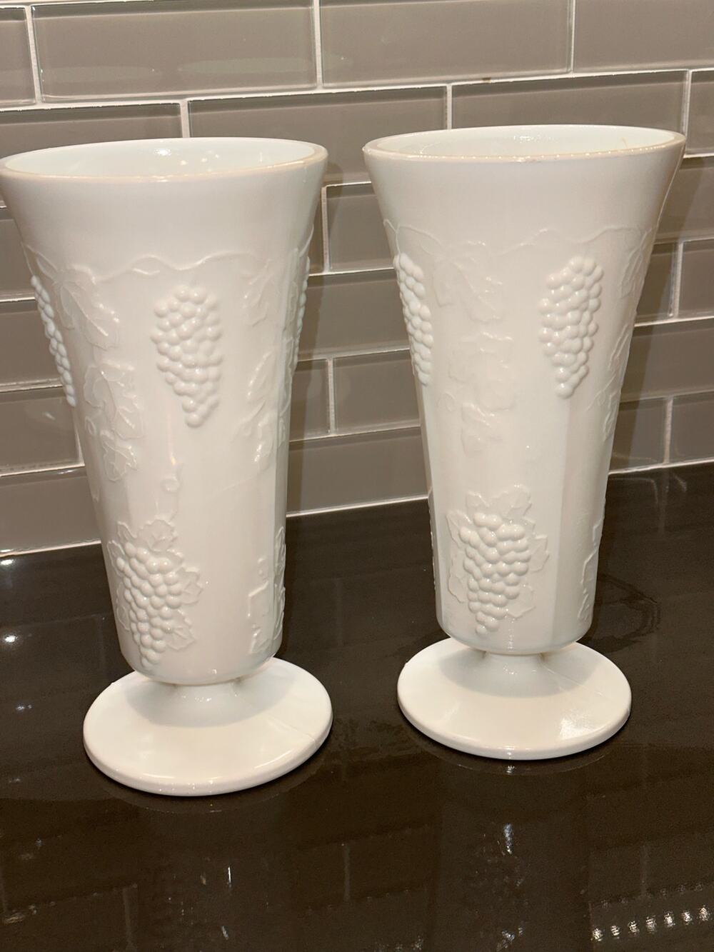 Set of 2 Vintage 10” Indiana Glass Colony Harvest Grape Milk Glass Vase
